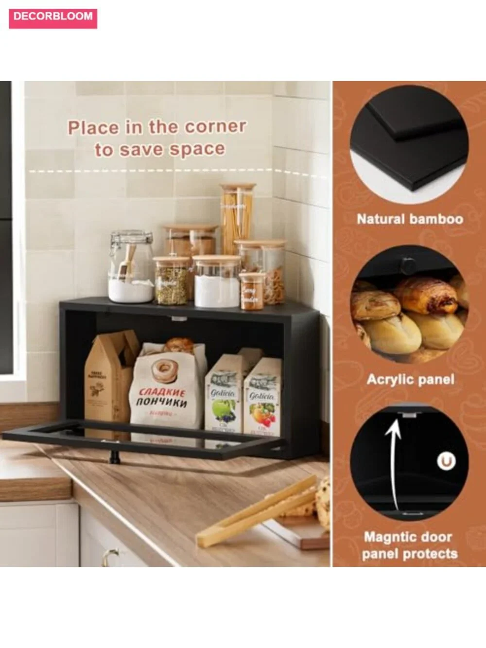 Corner Bamboo Bread Box Kitchen Countertop Storage Airtight Magnetic